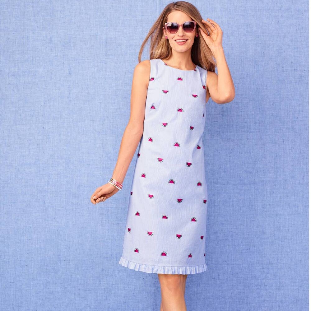 Talbots Blue & White Seersucker Embroidered Watermelon Print Shift Dress Sz 6
